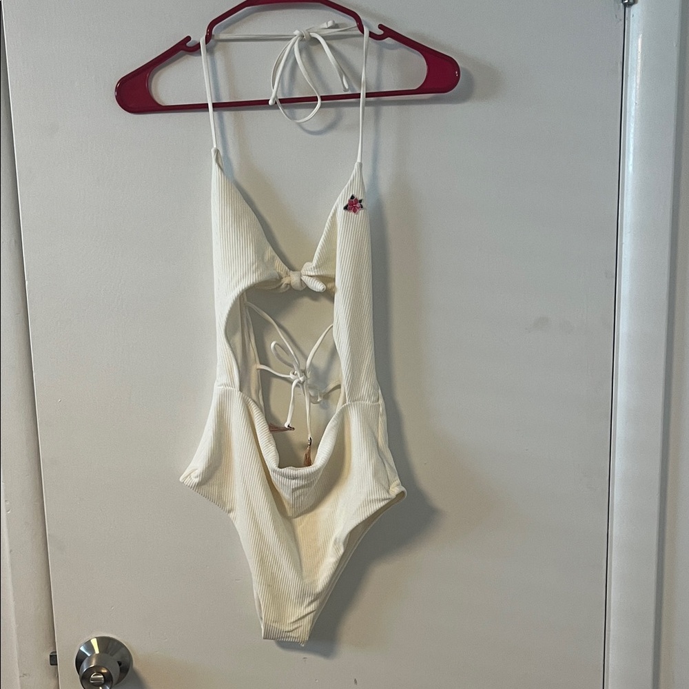 Spiritual gangster, white ribbed cut out one piece bathing suit